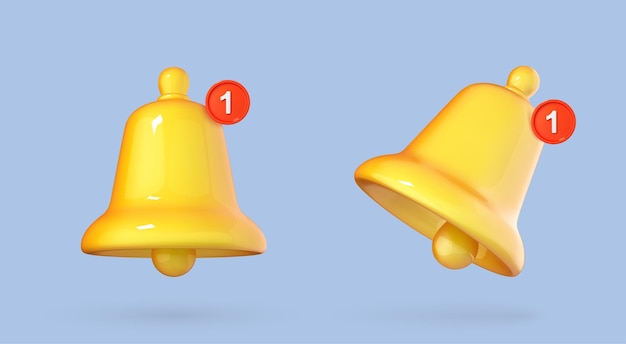 3D notification bell icon isolated on blue background Yellow ringing bell with new notification for social media reminder 3d cartoon vector illustration