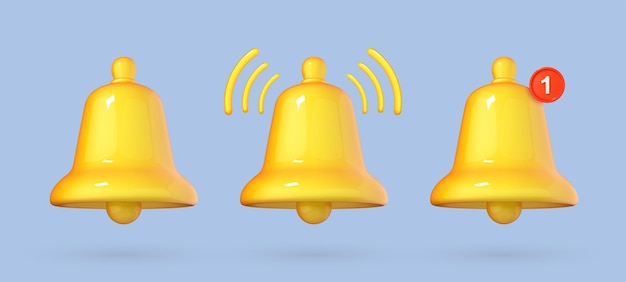 3D notification bell icon isolated on blue background Yellow ringing bell with new notification for social media reminder 3d cartoon vector illustration