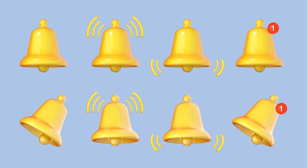 3D notification bell icon set isolated on blue background Yellow ringing bell with new notification for social media reminder 3d cartoon vector illustration