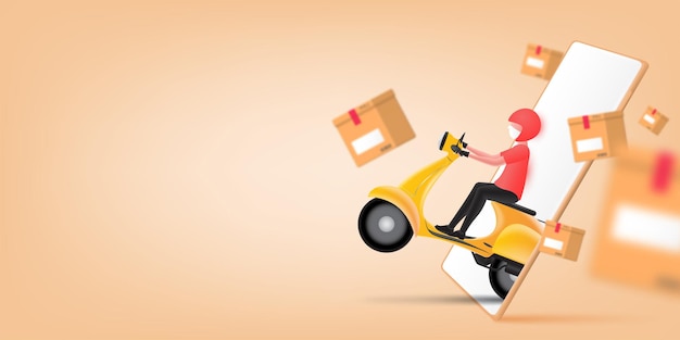 3d Online delivery service or delivery tracking mobile application concept Delivery man driving scooter out of mobile and parcel box floating in the air Tracking courier by map application