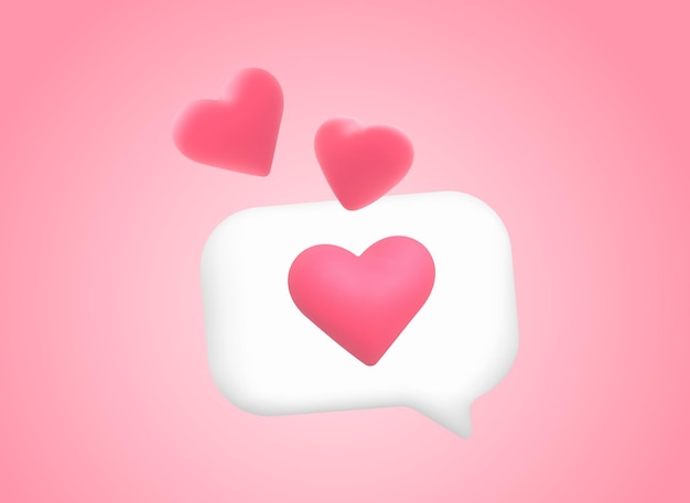 3D online social communication in apps emoji like and play icons in bubbles Speech bubble with message of love in the shape of hearts Vector illustration