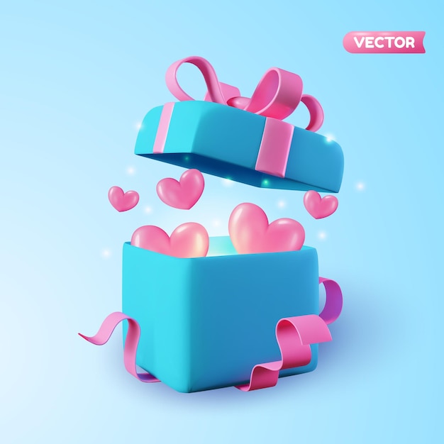 3D open blue gift box with pink ribbon filled with flying hearts over blue background