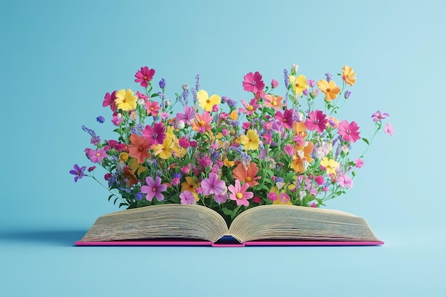 Vector 3d open book with colorful flowers coming out of it on a blue background in the style of unknown artist white background ar 32 v 61 job id fb68d538be704a7881f518d1eb92fe83