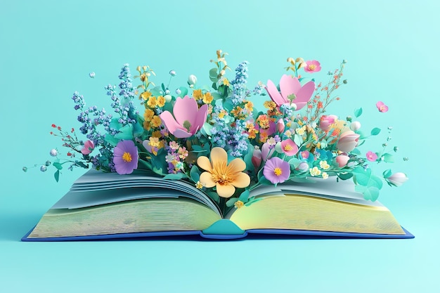 Vector 3d open book with flowers coming out light blue background pastel colors in the style of unknown artist white background ar 32 v 61 job id 6112121a5bd44d4e84f7dc245b72d13a