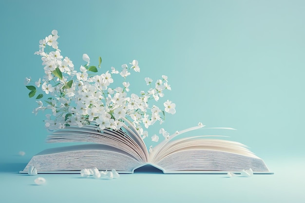 Vector 3d open book with flowers coming out light blue background pastel colors in the style of unknown artist white background ar 32 v 61 job id 6112121a5bd44d4e84f7dc245b72d13a