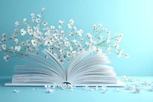 3D open book with flowers coming out pastel blue background in the style of unknown artist white Background ar 32 v 61 Job ID 248bcb5899ad47a7b76de7a942796df5