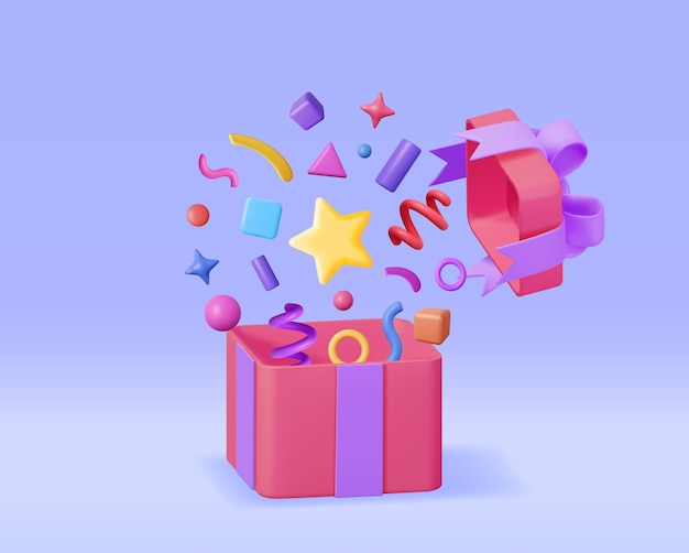 3D Open Gift Box With Falling Confetti