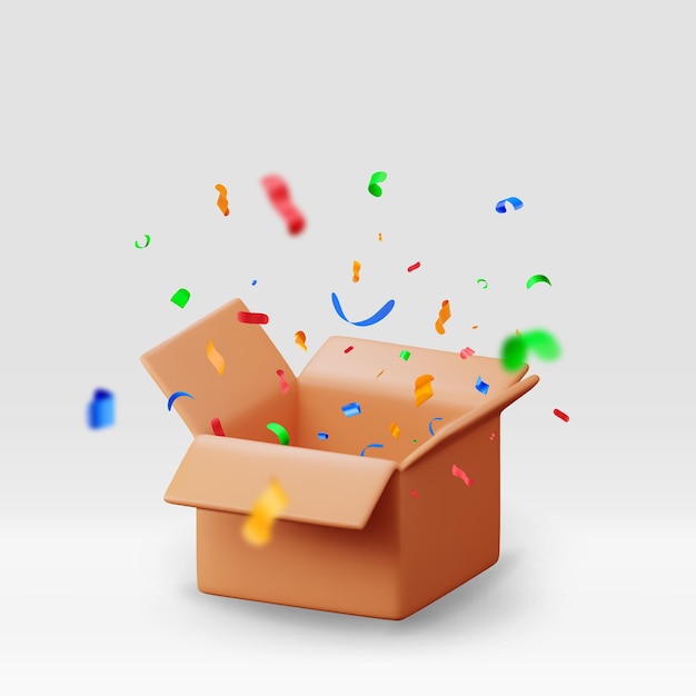 Vector 3d opened cardboard box with color confetti