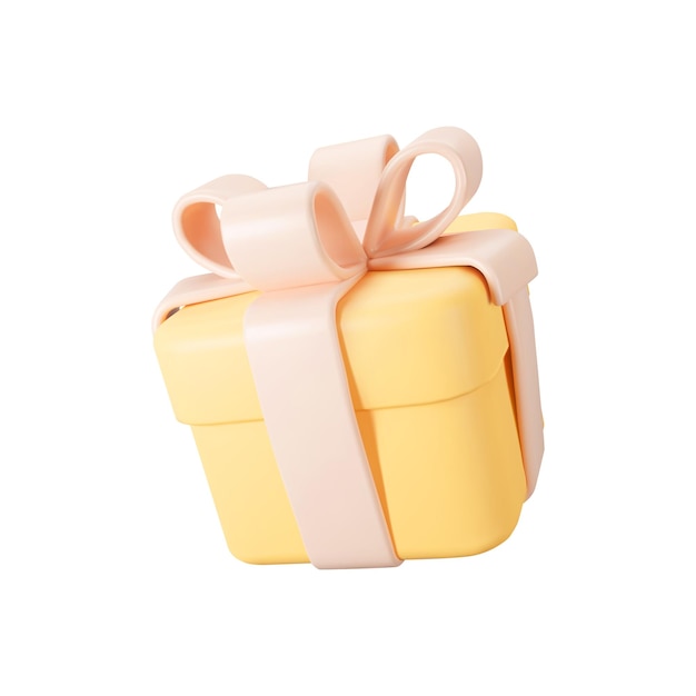 3d orange gift box with pastel ribbon bow isolated on a white background. 3d render flying modern holiday surprise box. Realistic vector icon for present, birthday or wedding banners.