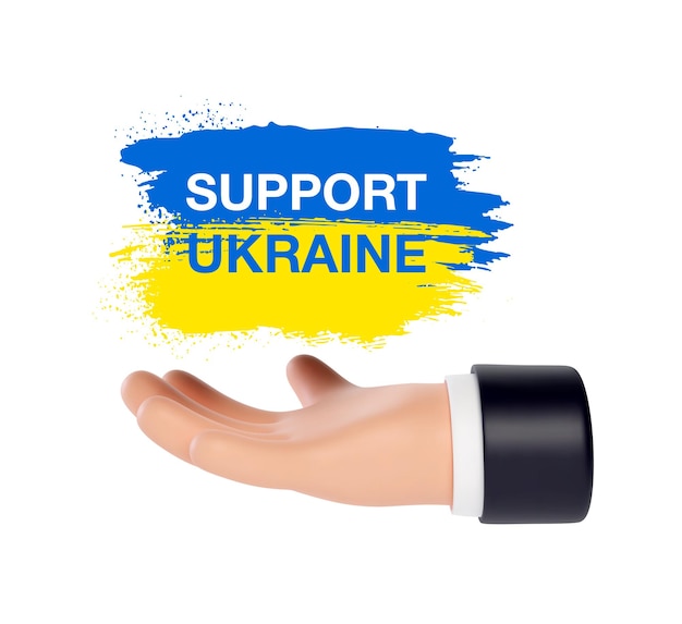 3d palm holding Ukraine inks flag with an inscription Support Ukraine