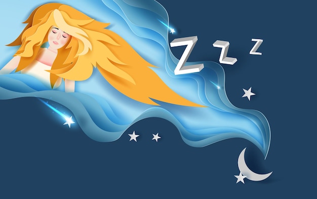 3d paper art of Beautiful girl with long yellow hair wear sweet dream sleeping at night