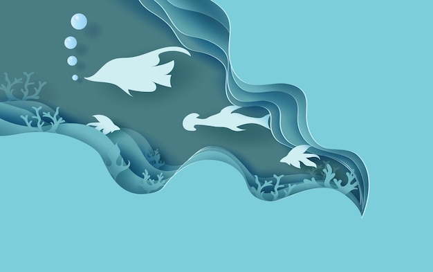 3d paper art of under water Clear sea water with abstract curve blue Creative design idea wildlife