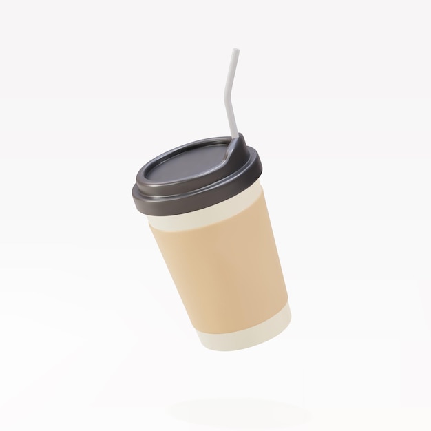 3D paper coffee cup with a straw on a white background