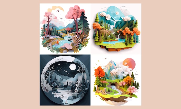 3D Paper Cut Effect Landscape Cliparts