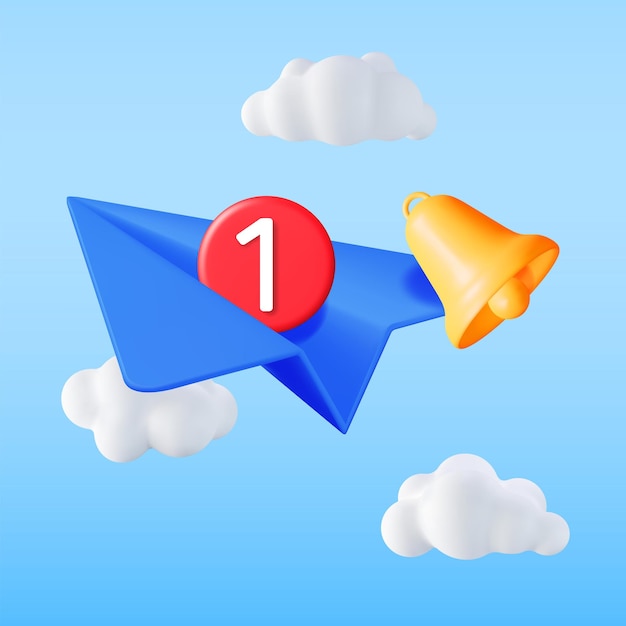 3D Paper Plane with Bell and Notification Message