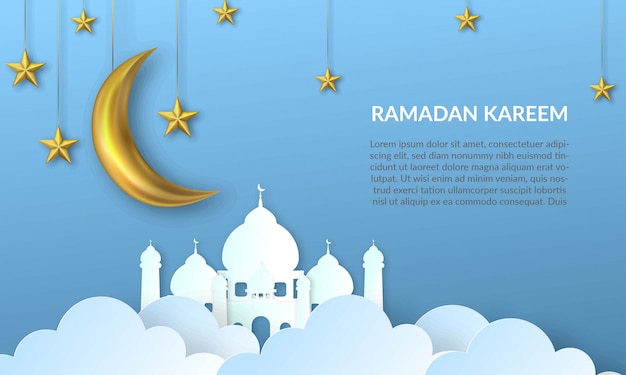 3d papercut origami style of ramadan kareem, mosque, moon, stars, and sky