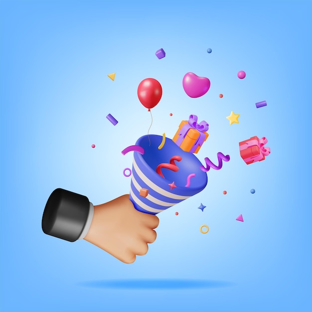 3D Party Popper with Confetti in Hand