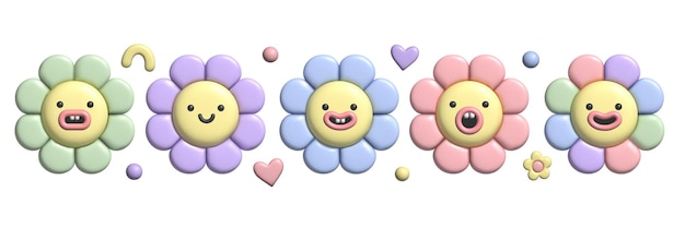 3D pastel flower set with plasticine effect Y2k cute smile daisy stickers in trendy plastic style