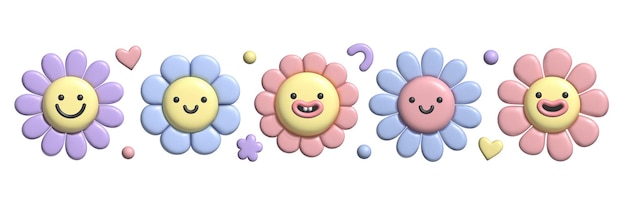 3D pastel flower set with plasticine effect Y2k cute smile daisy stickers in trendy plastic style