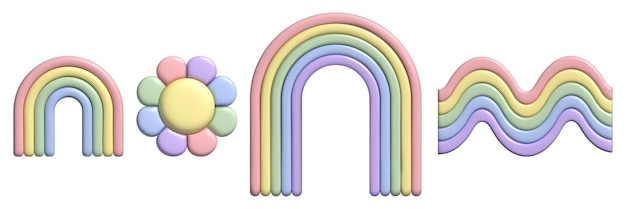 3D pastel rainbow and flower set with plasticine effect Y2k cute stickers in trendy plastic style