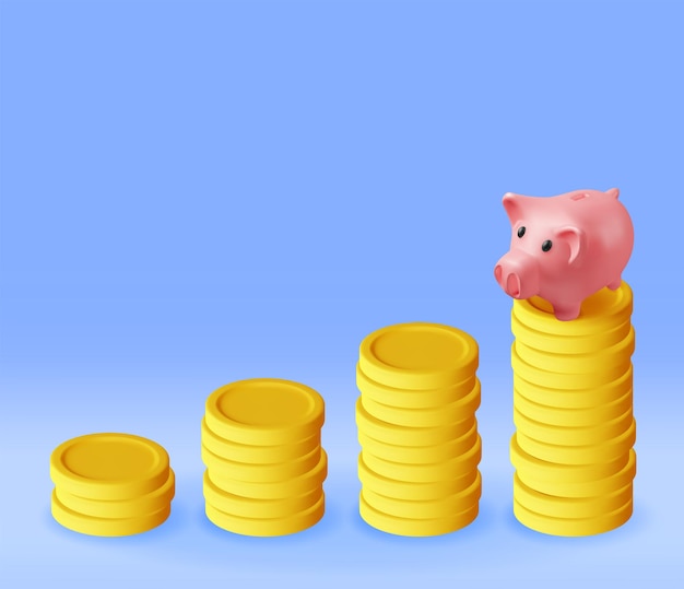 3D Piggy Bank and Growing Stacks of Coins