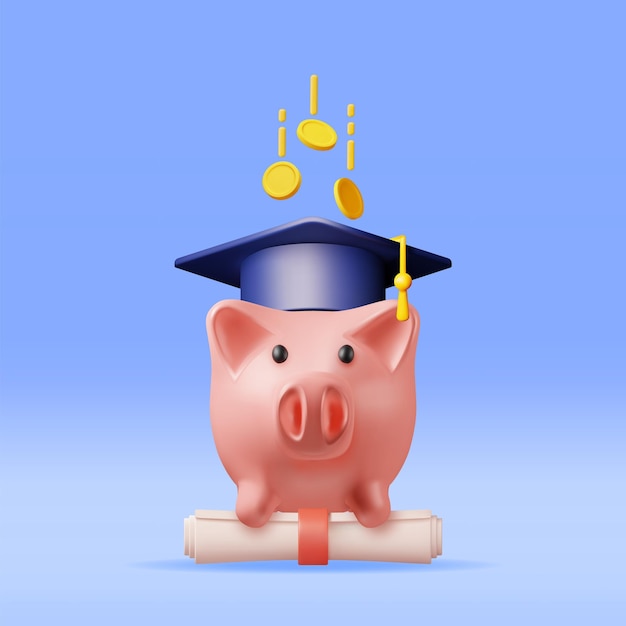 3D Piggy Bank with Graduation Cap Diploma Coins