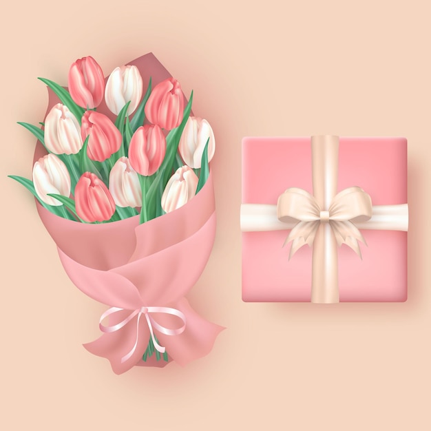 Vector 3d pink gift box with silk bow and bouquet of colorful tulips wrapped in craft paper with ribbon