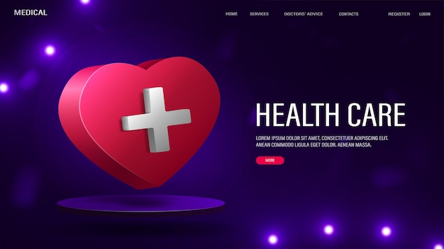 3d pink heart with a medical white cross on a blue podium A concept on the topic of smart medicine A web banner with text for a website with health care