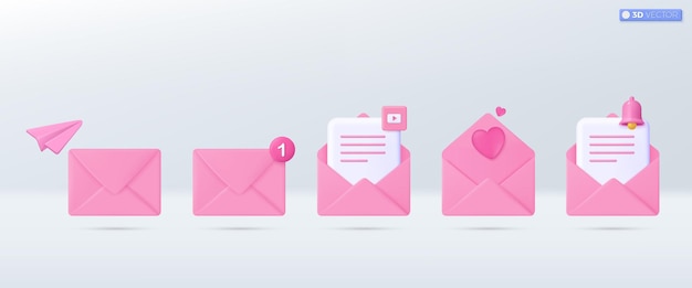 3d Pink mail envelope icon set symbol Render email notification play icon heart valentine bell paper plane communication concept 3D vector isolated illustration Cartoon pastel Minimal style