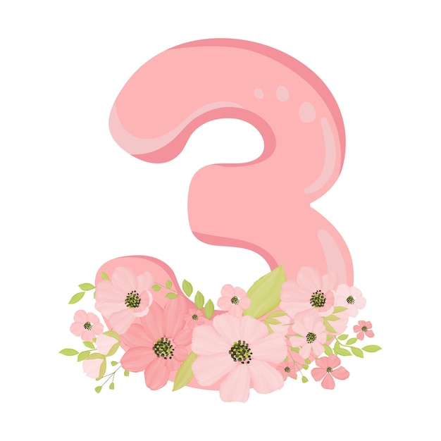 3d pink number three with a wreath of flowers. Baby girl birthday concept