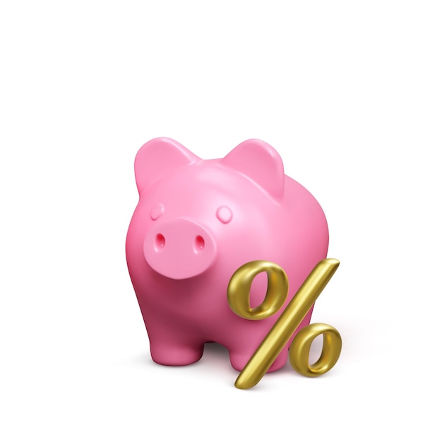 3D pink piggy bank with gold percent symbol Bank deposit or savings strategy concept Business and finance success Vector illustration