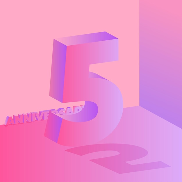 3D Pink and Purple Five years Anniversary with shadow social media post illustration