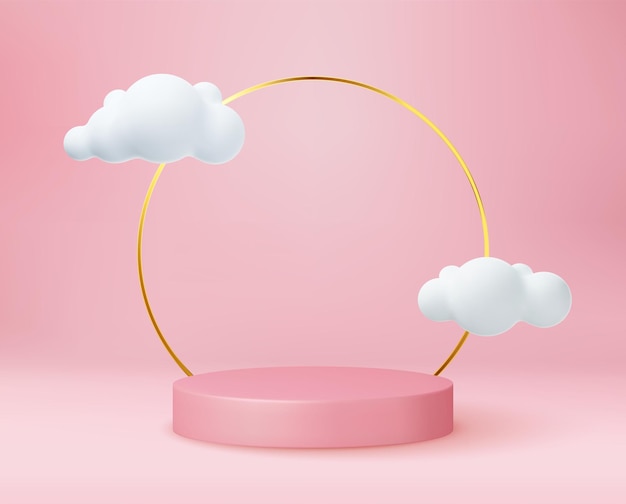 3d pink rendering with podium and cloud white scene