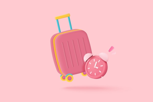 3d pink suitcases luggage bag cabin baggage and alarm clock Business wait time to travel with cartoon concept vacation planning travel in holiday 3d minimal suitcase vector render illustration