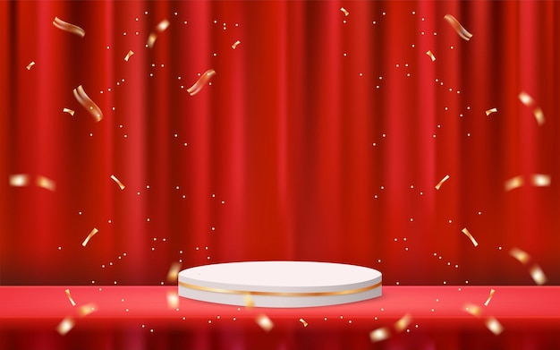 3d podium background with red curtain and confetti