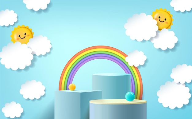 3d podium on colourful background with clouds and cute rainbow kids product display