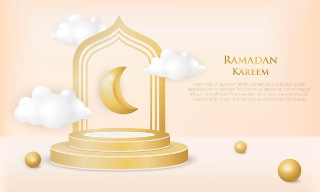 3d Podium Ramadan kareem illustration eid mubarak and cloud background wallpaper