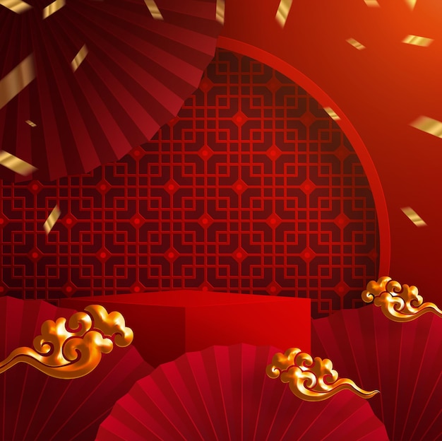 3d Podium round, square box stage podium and paper art Chinese new year,Chinese Festivals, Mid Autumn Festival, red paper cut, fan, flower and asian elements with craft style on background.