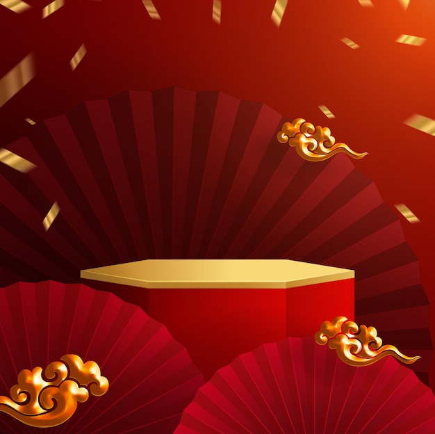 3d Podium round, square box stage podium and paper art Chinese new year,Chinese Festivals, Mid Autumn Festival, red paper cut, fan, flower and asian elements with craft style on background.