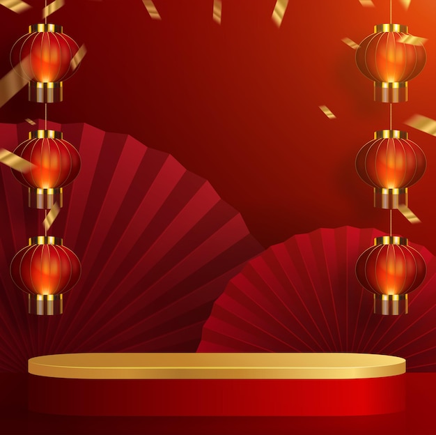 3d Podium round, square box stage podium and paper art Chinese new year,Chinese Festivals, Mid Autumn Festival, red paper cut, fan, flower and asian elements with craft style on background.