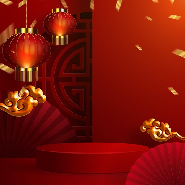 3d Podium round, square box stage podium and paper art Chinese new year,Chinese Festivals, Mid Autumn Festival, red paper cut, fan, flower and asian elements with craft style on background.