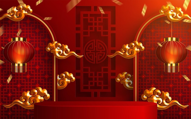 3d Podium round, square box stage podium and paper art Chinese new year,Chinese Festivals, Mid Autumn Festival, red paper cut, fan, flower and asian elements with craft style on background.