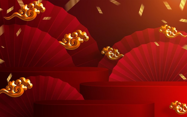 3d Podium round, square box stage podium and paper art Chinese new year,Chinese Festivals, Mid Autumn Festival, red paper cut, fan, flower and asian elements with craft style on background.