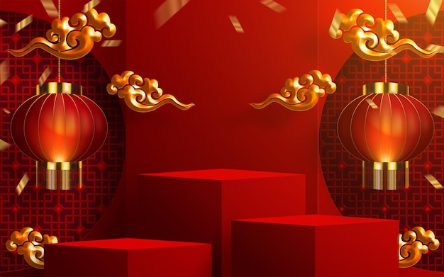 3d Podium round, square box stage podium and paper art Chinese new year,Chinese Festivals, Mid Autumn Festival, red paper cut, fan, flower and asian elements with craft style on background.