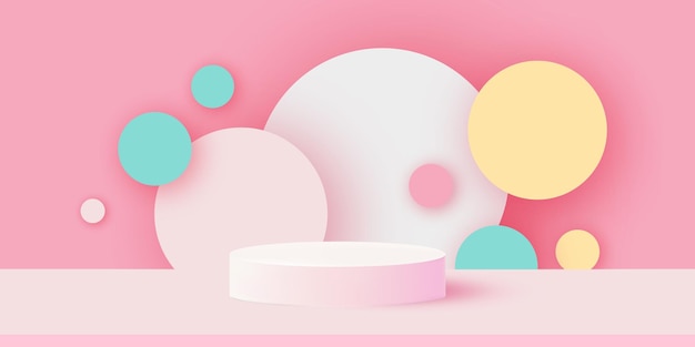 3D Podium scene or pedestal on pastel background with minimal geometric shapes paper cut craft studio for display product mockup design. Circles. Vector