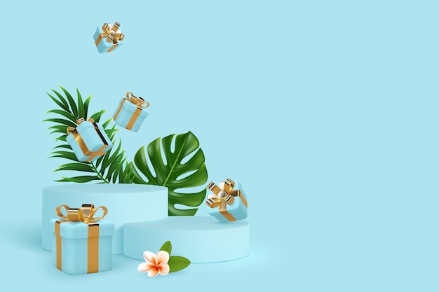 3d podium scene with falling gift boxes and tropical leaves.