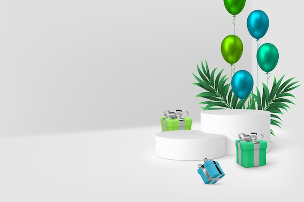 3d podium scene with gift boxes, balloons and tropical leaves.