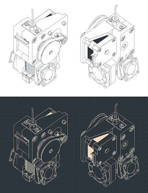 3d printer extruder isometric blueprints