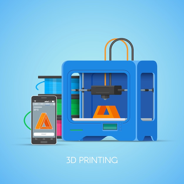 3D printing concept poster in flat style. Design elements and icons. Industrial 3D printer print objects from smartphone.