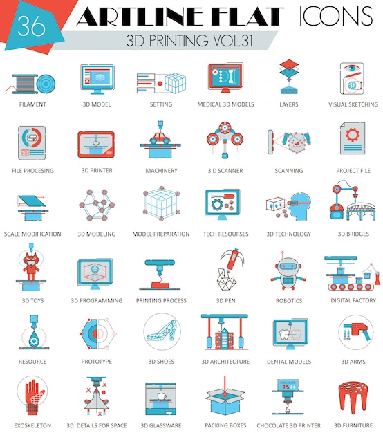 3D printing modeling flat line icons set